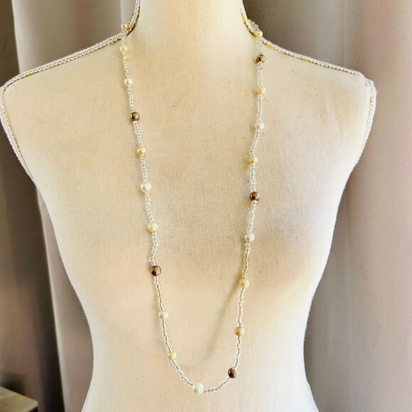 Handcrafted Clear Silver Bead with Vintage Faux Pearl Beads Long Beaded Wrap Nec - Picture 5 of 6